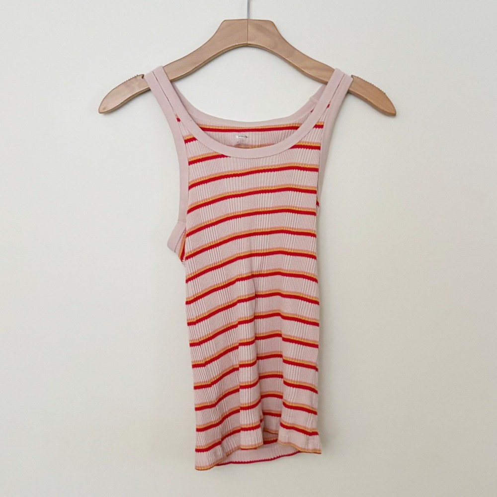 Aerie Striped Ribbed Scoop Neck Tank Top Women Small Pink Racerback Casual